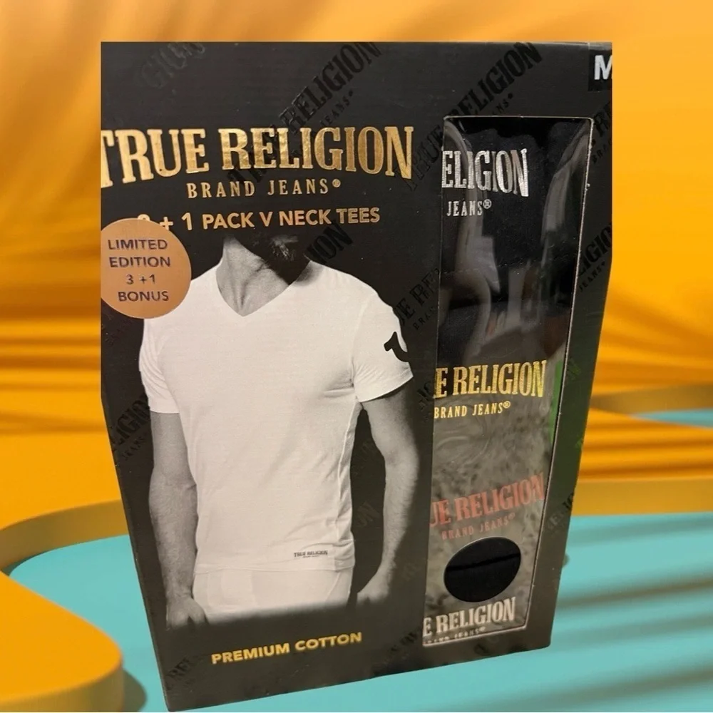 Four True Religion Limited Edition Black Logo V-Neck Tees (4)